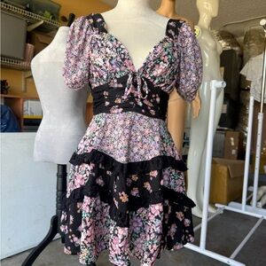 Altar'd State Black and Pink Floral Puff-Sleeve Tiered Mini Dress